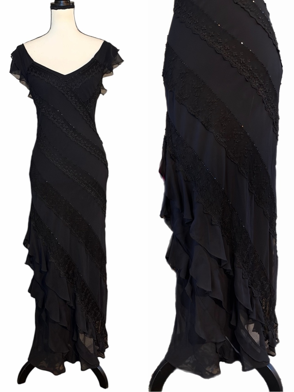 Vintage Sue Wong Nocturne Beaded Silk Sheer Mesh & Lace Ruffle Hem Maxi Dress